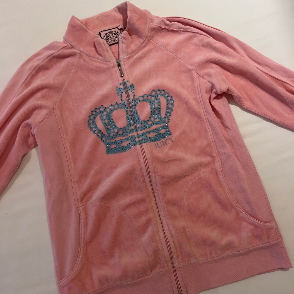 Juicy Couture Pink Velour Track Jacket‎ Embellished Crown Logo Zip Up Size 14